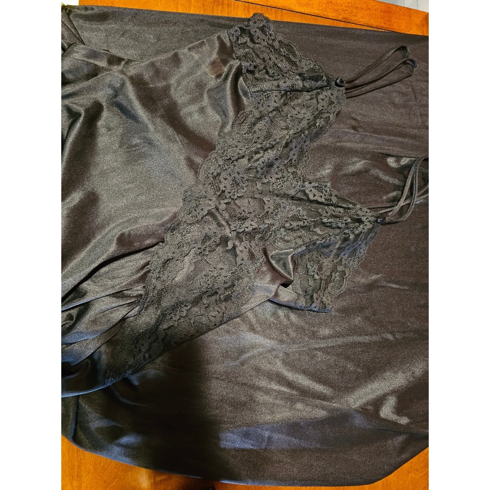 Vintage Fredericks of Hollywood Black Satin Lace Trim Nightgown Slit Large USA